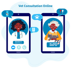 Afro American Doctor check up cat. Online Veterinary appointment. Telehealth for pet. RemoteVet consultation. Conference with veterinarian clinic from home.