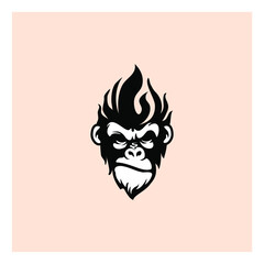 Gorilla head with fire shaped hair in monochrome style