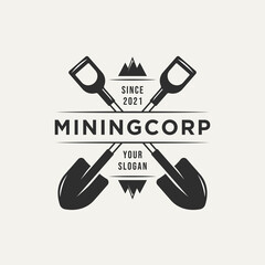 mining corp and two crossed shovel vintage logo template vector. retro classic mining, miner logo concept © BLAZYBONE