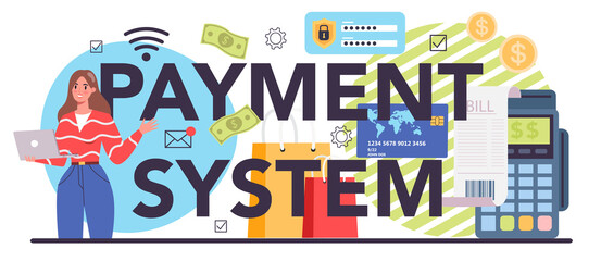 Payment system typographic header. People forming a business
