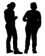 Young man and woman walking at street. Isolated silhouette on a white background