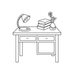 Desk Lamp with stack of book on the table vector illustration, simple hand drawn educational object Line Icon 