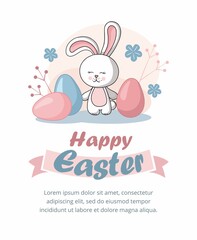 Little Bunny with decorated eggs. Easter card