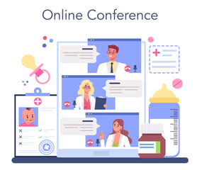 Pediatrician online service or platform set. Doctor examining a child