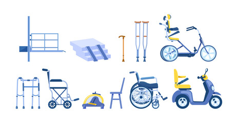 Orthopedic accessories for people with restricted abilities, handicapped, disabled people, elderly. Orthopedic equipment cane crutches walkers wheelchair scooter bicycle for disabled people © Svetlanas01
