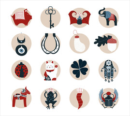 Set of lucky charms, symbols, amulets, talismans. Good fortune symbols clipart. Symbols of good luck, prosperity and success. Horseshoe, clover, Maneki Neko, dala horse, evil eye, dreamcatcher