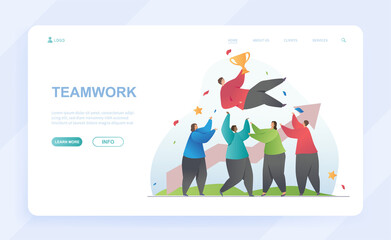 Male and female characters are pushing their leader up in the air. Group of people celebrating their golden cup win. Website, web page, landing page template. Flat cartoon vector illustration