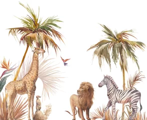 Tuinposter Safari-wildbehang. Illustratie met zebra, leeuw en giraf. Aquarel dier en jungle flora op witte achtergrond. © ldinka