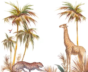  Tropical card background. Illustration with palm trees, leopard and giraffe. Safari animal and jungle flora on watercolor background. © ldinka