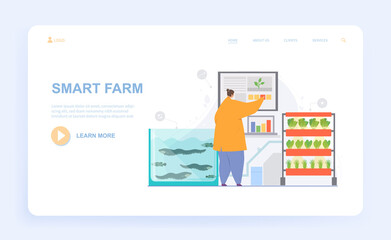 Fototapeta na wymiar Female characters is working on smart farm. Woman is producing food by connecting aquaculture and hydroponics. Website, web page, landing page template. Flat cartoon vector illustration