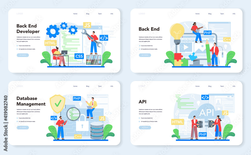 Poster back end development web banner or landing page set. software development