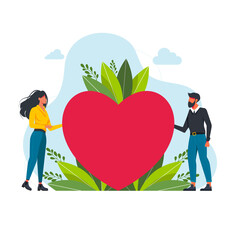 Happy couple holding heart together. Relationship and love concept for banner, website design or landing web page. couple in love look at each other. Vector illustration