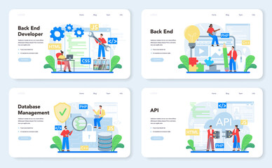Back end development web banner or landing page set. Software development
