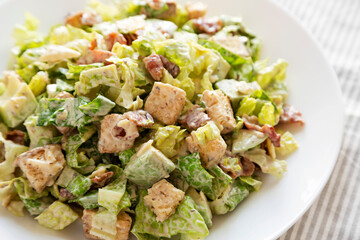 Homemade Bacon Avocado Caesar Salad with Cheese and Croutons, side view. Close-up.