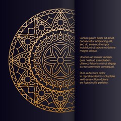 Template for card or invitation with golden round mandala and place for text. Vector gradient drawing.