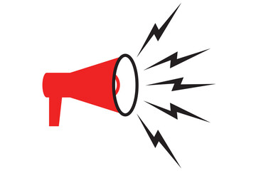 Symbol of megaphone. Red icon of loudspeaker. Concept of news, announce, propaganda, promotion, broadcast, media, message. Vector illustration isolated on white background.