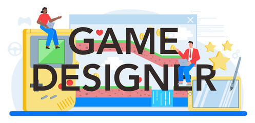 Game designer typographic header. Creative process of a computer