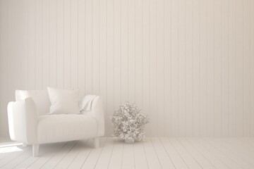 Mock up of stylish room in white color with armchair. Scandinavian interior design. 3D illustration