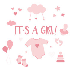 Greeting card its a girl. Children's posters. Baby shower illustrations set. Hand drawn newborn boy items and elements. Invitations, cards, nursery decor. Newborn metric for children bedroom.
