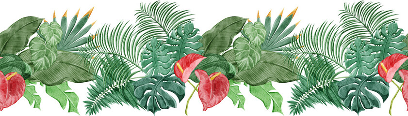 トロピカル南国風植物連続ラインパターン - obrazy, fototapety, plakaty