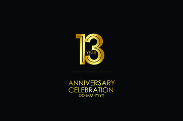 13 year anniversary celebration Gold Line. logotype isolated on Black background for celebration, invitation card, and greeting card-Vector