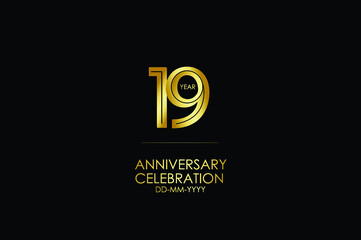 Obraz premium 19 year anniversary celebration Gold Line. logotype isolated on Black background for celebration, invitation card, and greeting card-Vector