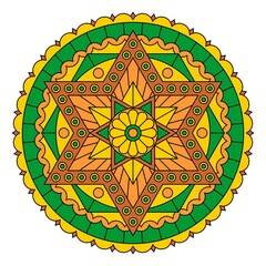 Round beautiful floral mandala in brown, yellow, orange and green colors, isolated on white background. Vector design with six-pointed star.