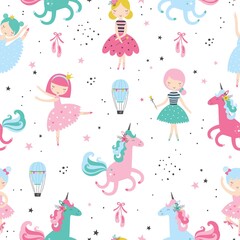 Cute ballerina with sweet unicorn childish seamless pattern. Creative nursery texture. Perfect for kids design, fabric, wrapping, wallpaper, textile, apparel © Angelina De Sol
