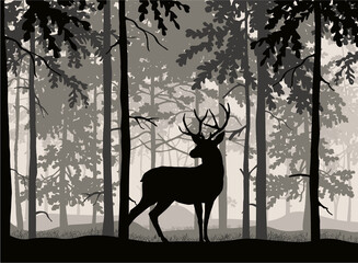 Deer with antlers posing, forest background, silhouettes of trees. Magical misty landscape. Illustration. 