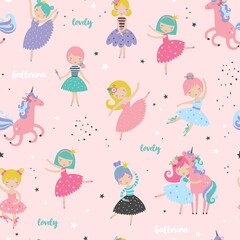 Cute ballerina with sweet unicorn childish seamless pattern. Creative nursery texture. Perfect for kids design, fabric, wrapping, wallpaper, textile, apparel