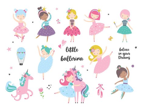 Cartoon dancing ballerina in a skirt illustrations doodle set, isolated design elements. Vector clipart. Use for print, surface design, fashion wear, baby shower, wrapping