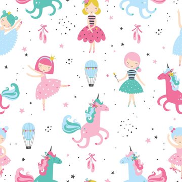 Cute ballerina with sweet unicorn childish seamless pattern. Creative nursery texture. Perfect for kids design, fabric, wrapping, wallpaper, textile, apparel