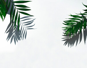 Fototapeta premium Empty scene product. Green tropical leaf shadow on white background. Minimal summer concept. 