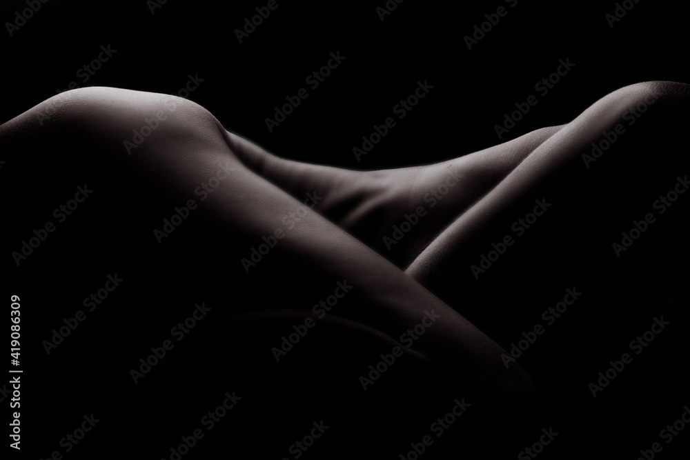 Wall mural Naked Woman Sexy Silhouette, Sensual Girl Pose, Nude Body Dark Black and White