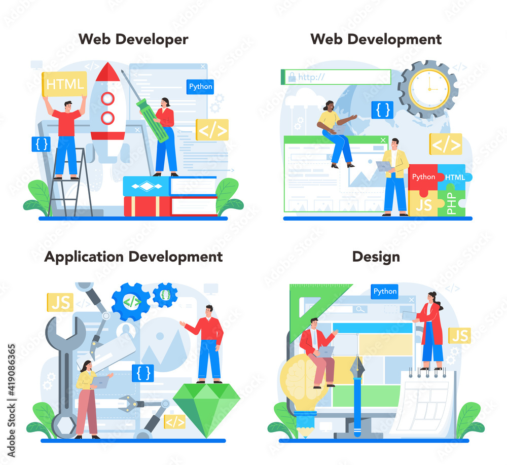 Poster web development concept set. website optimization and web page interface