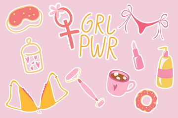 Pop art fashion girls party patchs, color stickers. Girls stuff like makeup, lipstick, sleep mask, coffee mug, underwear, donut, girls power. Vector stickers kit.