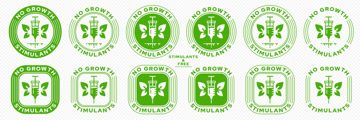Concept for product packaging. Labeling - no growth stimulants. Injection icon with drugs and winged leaves - a symbol of natural products. Vector set.