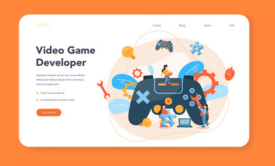 Game development web banner or landing page. Creative process