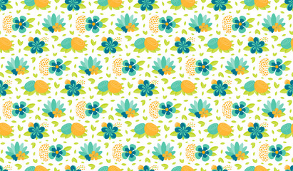 Bright tropical flowers floral seamless pattern on a white background. Hand drawn vector illustration. Scandinavian style design. Concept for kids textile, fashion print, wallpaper, packaging.