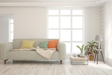 White living room with sofa. Scandinavian interior design. 3D illustration