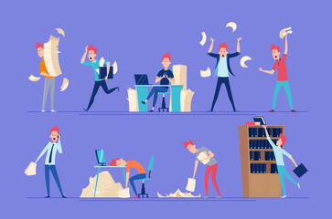 Chaotic business people. Unorganized office characters conflict managers chaos workers exact vector persons. Illustration business workplace, chaos problem work