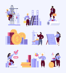 Builders talking. Business dialogue of real estate teamwork architectures management processes vector flat illustrations. Business builder, worker construction, professional contractor and engineer