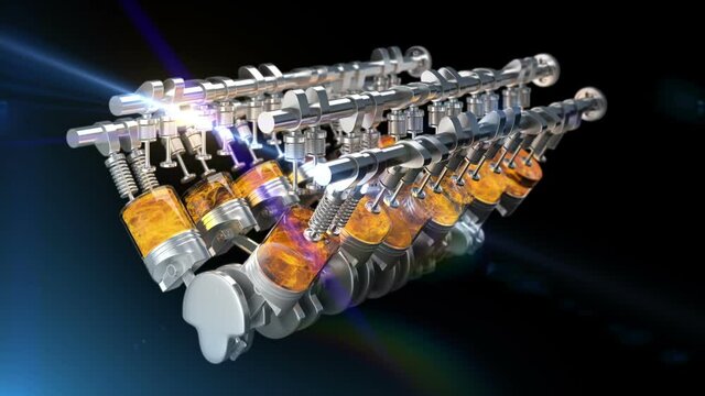 Fly around animated v12 engine with explosions and flames. Movement of the mandrel, camshaft, valves and other mechanical parts on dark background using optical flare effect.