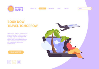 Online booking landing page. Website screen with travellers concept hotel purchase flying ticket check in on smartphone garish vector illustrations. Online travel booking, business page reservation