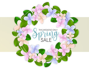 Spring sale banner. Pink flowers with green leaves in a circular wreath. Vector illustration with lettering.