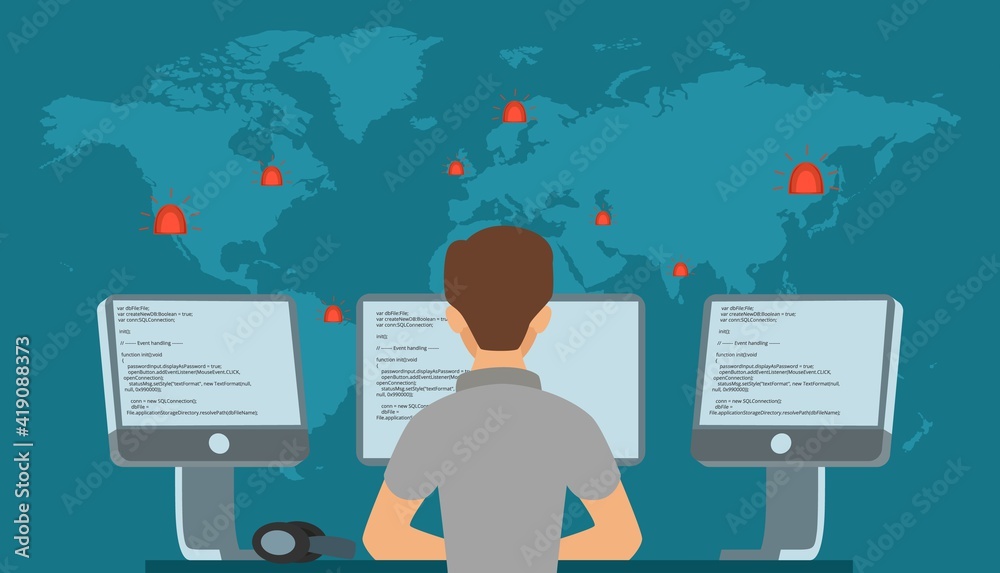 Poster worldwide hacker attack. phishing or hacks, cyber crime. programmer prevent online hacking vector co