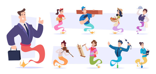 Fantasy genie. Fairy tale funny characters in clouds from smoke living in golden lamp flying in action poses vector profession persons. Illustration profession foreman, repair man, fairy wish jinn