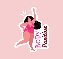 Obraz na płótnie Canvas Woman in swimsuit. Plump positive character, beach style overweight girl. Fashion body positive vector sticker. Illustration character swimsuit, woman size overweight body