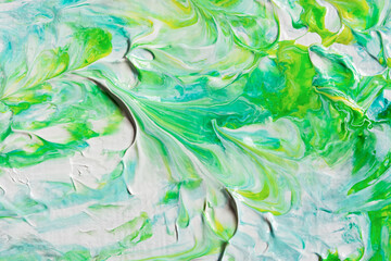 Abstract yellow-green acrylic background. Hand-drawn painting with liquid acrylic. Natural overflows. Spring art background. The technique of fluid art. Artistic author's style. Beautiful overflows