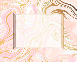 Gold marble pink with frame for text. Liquid marble design abstract painting. Background with golden spill texture.